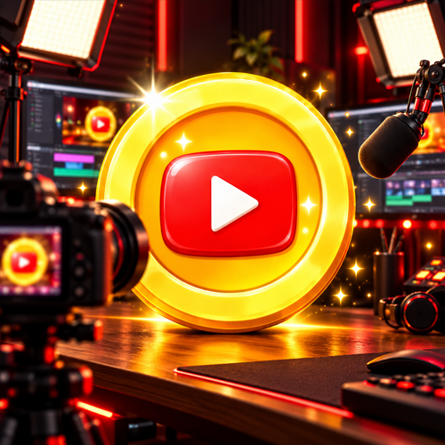 Gold play-button coin on a lit creator desk with cameras and monitors